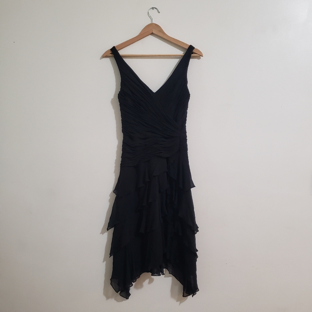 BETSY & ADAM Black Silk Cocktail Formal Midi Dress